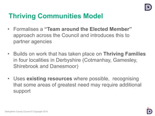 Derbyshire County Council © Copyright 2015
• Formalises a “Team around the Elected Member”
approach across the Council and introduces this to
partner agencies
• Builds on work that has taken place on Thriving Families
in four localities in Derbyshire (Cotmanhay, Gamesley,
Shirebrook and Danesmoor)
• Uses existing resources where possible, recognising
that some areas of greatest need may require additional
support
Thriving Communities Model
 