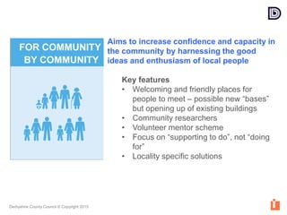 Derbyshire County Council © Copyright 2015
Aims to increase confidence and capacity in
the community by harnessing the good
ideas and enthusiasm of local people
Key features
• Welcoming and friendly places for
people to meet – possible new “bases”
but opening up of existing buildings
• Community researchers
• Volunteer mentor scheme
• Focus on “supporting to do”, not “doing
for”
• Locality specific solutions
FOR COMMUNITY
BY COMMUNITY
 