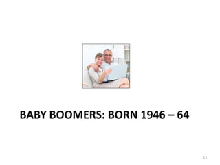 BABY BOOMERS: BORN 1946 – 64
13
 