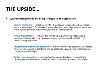 THE UPSIDE…
• Synchronized generations bring strength to an organization
– Built-in mentoring — practical way to fill skill gaps, inexperienced members
learn how to avoid “old mistakes” and make new ones, experienced members
learn how to envision solutions outside their comfort zone.
– Active engagement — reduces the risk of “group think” by encouraging
dynamic thinking whereby everyone openly questions and validates the
team’s thought process.
– Increased innovation and creativity — a diverse mix of perspectives will foster
new ways of looking at solutions and opportunities giving your organization a
competitive advantage.
– Better communication — Help each other understand each generation’s
uniqueness and communicate better with co-workers, partners, and clients.
42
 