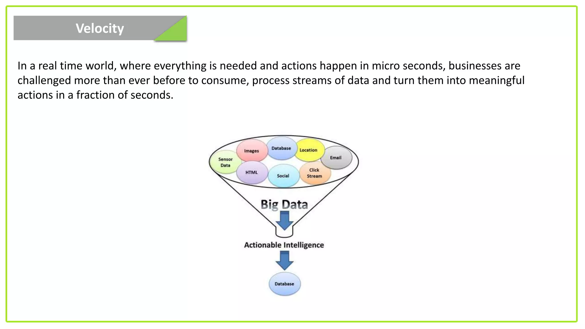 Velocity
In a real time world, where everything is needed and actions happen in micro seconds, businesses are
challenged more than ever before to consume, process streams of data and turn them into meaningful
actions in a fraction of seconds.
 