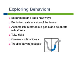 Exploring Behaviors
    Experiment and seek new ways
    Begin to create a vision of the future
    Accomplish intermediate goals and celebrate
     milestones
    Take risks
    Generate lots of ideas
    Trouble staying focused
 