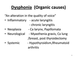 Dysphonia (Organic causes)
“An alteration in the quality of voice”
• Inflammatory - acute laryngitis
- chronic laryngitis
• Neoplasia - Ca larynx, Papillomata
• Neurological - Myasthenia gravis, Ca lung
/breast, post thyroidectomy
• Systemic - Hypothyroidism,Rheumatoid
arthritis
38
 