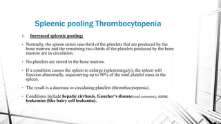 2. Increased spleenic pooling:
• Normally, the spleen stores one-third of the platelets that are produced by the
bone marrow and the remaining two-thirds of the platelets produced by the bone
marrow are in circulation.
• No platelets are stored in the bone marrow.
• If a condition causes the spleen to enlarge (splenomegaly), the spleen will
function abnormally, sequestering up to 90% of the total platelet mass in the
spleen.
• The result is a decrease in circulating platelets (thrombocytopenia).
• Conditions Include hepatic cirrhosis, Gaucher's disease(read comment), some
leukemias (like hairy cell leukemia).
Spleenic pooling Thrombocytopenia
 