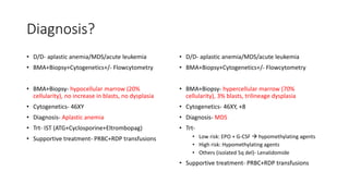 Diagnosis?
• D/D- aplastic anemia/MDS/acute leukemia
• BMA+Biopsy+Cytogenetics+/- Flowcytometry
• BMA+Biopsy- hypocellular marrow (20%
cellularity), no increase in blasts, no dysplasia
• Cytogenetics- 46XY
• Diagnosis- Aplastic anemia
• Trt- IST (ATG+Cyclosporine+Eltrombopag)
• Supportive treatment- PRBC+RDP transfusions
• D/D- aplastic anemia/MDS/acute leukemia
• BMA+Biopsy+Cytogenetics+/- Flowcytometry
• BMA+Biopsy- hypercellular marrow (70%
cellularity), 3% blasts, trilineage dysplasia
• Cytogenetics- 46XY, +8
• Diagnosis- MDS
• Trt-
• Low risk: EPO + G-CSF  hypomethylating agents
• High risk: Hypomethylating agents
• Others (isolated 5q del)- Lenalidomide
• Supportive treatment- PRBC+RDP transfusions
 