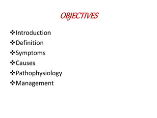 OBJECTIVES
Introduction
Definition
Symptoms
Causes
Pathophysiology
Management
 