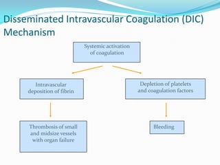 Disseminated Intravascular Coagulation (DIC)
Mechanism
Systemic activation
of coagulation
Intravascular
deposition of fibrin
Depletion of platelets
and coagulation factors
BleedingThrombosis of small
and midsize vessels
with organ failure
 