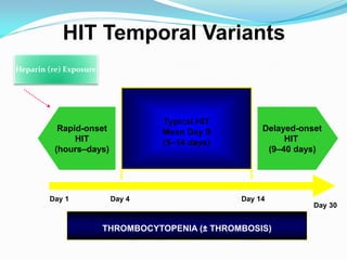 HIT Temporal Variants
Day 1 Day 4 Day 14
Day 30
Delayed-onset
HIT
(9–40 days)
Rapid-onset
HIT
(hours–days)
Typical HIT
Mean Day 9
(5–14 days)
Heparin (re) Exposure
THROMBOCYTOPENIA (± THROMBOSIS)
 