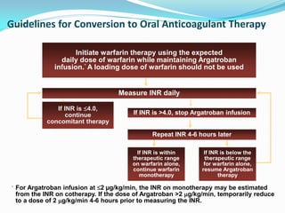 Guidelines for Conversion to Oral Anticoagulant Therapy
If INR is below the
therapeutic range
for warfarin alone,
resume Argatroban
therapy
If INR is >4.0, stop Argatroban infusion
Initiate warfarin therapy using the expected
daily dose of warfarin while maintaining Argatroban
infusion.* A loading dose of warfarin should not be used
If INR is within
therapeutic range
on warfarin alone,
continue warfarin
monotherapy
If INR is 4.0,
continue
concomitant therapy
Repeat INR 4-6 hours later
Measure INR daily
* For Argatroban infusion at 2 µg/kg/min, the INR on monotherapy may be estimated
from the INR on cotherapy. If the dose of Argatroban >2 g/kg/min, temporarily reduce
to a dose of 2 g/kg/min 4-6 hours prior to measuring the INR.
 