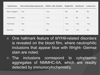  One hallmark feature of MYH9-related disorders
is revealed on the blood film, where neutrophilic
inclusions that appear blue with Wright- Giemsa
stain are noted.
 The inclusions correspond to cytoplasmic
aggregates of NMMHC-IIA, which are readily
detected by immunocytochemistry.
 