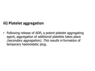 iii) Platelet aggregation
• Following release of ADP, a potent platelet aggregating
agent, aggregation of additional platelets takes place
(secondary aggregation). This results in formation of
temporary haemostatic plug.
 