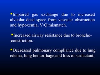 Impaired gas exchange due to increased
alveolar dead space from vascular obstruction
and hypoxemia, V/Q mismatch.

Increased airway resistance due to bronchoconstriction.

Decreased pulmonary compliance due to lung
edema, lung hemorrhage,and loss of surfactant.

 