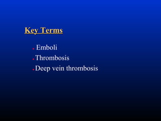 Key Terms
Emboli
● Thrombosis
● Deep vein thrombosis
●

 