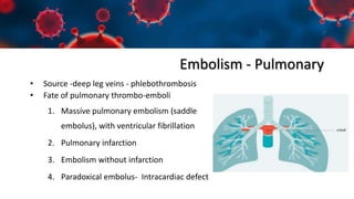 Embolism - Pulmonary
• Source -deep leg veins - phlebothrombosis
• Fate of pulmonary thrombo-emboli
1. Massive pulmonary embolism (saddle
embolus), with ventricular fibrillation
2. Pulmonary infarction
3. Embolism without infarction
4. Paradoxical embolus- Intracardiac defect
 
