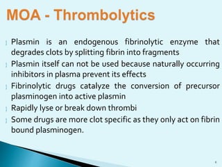  Plasmin is an endogenous fibrinolytic enzyme that 
degrades clots by splitting fibrin into fragments 
 Plasmin itself can not be used because naturally occurring 
inhibitors in plasma prevent its effects 
 Fibrinolytic drugs catalyze the conversion of precursor 
plasminogen into active plasmin 
 Rapidly lyse or break down thrombi 
 Some drugs are more clot specific as they only act on fibrin 
bound plasminogen. 
6 
 