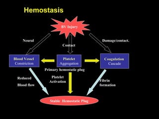 HemostasisHemostasis
BV Injury
PlateletPlatelet
Aggregation
Platelet
Activation
Blood VesselBlood Vessel
Constriction
CoagulationCoagulation
Cascade
Stable Hemostatic Plug
Fibrin
formation
Reduced
Blood flow
Damage/contact.
Primary hemostatic plug
Neural
Contact
 