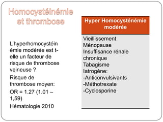 HomocystéinurieManifestations thrombotiquesThromboses artérielles; veineusesCorrélation du risque thrombotique/homocystéinémie circulanteHomocysténémie> 100 μmo/lMaladie Métabolique génétiqueDéficit en βCystationine SynthétaseLe plus souvent, diagnostic pendant l’enfance