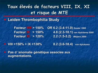 Taux élevés de facteurs VIII, IX, XI  et risque de MTE Leiden Thrombophilia Study Facteur  VIII  > 150%  OR  6.2  (3.4-11.0)   Koster 1995 Facteur  IX   > 150%  4.8  (2.3-10.1)   van Hylckama 2000   Facteur  XI   > 120%  2.2  (1.5-3.2)   Meijers 2000 VIII >150%  +  IX >130%  8.2  (3.6-18.4)   van Hylckama  Pas d ’anomalie génétique associée aux augmentations. 