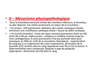 • II – Mécanisme physiopathologique
• Dans la thrombose veineuse initiale des membres inférieurs, le thrombus
va aller obstruer une artère pulmonaire en retour de la circulation :
• • En amont : HTA pulmonaire, dilatation des cavités cardiaques droites
entraînant une insuffisance cardiaque droite + baisse du débit cardiaque
• • En aval du thrombus : chute du retour veineux pulmonaire (riche en O2)
chute de la PA par répercussion + collapsus si embolie massive jusqu’au
choc cardiogénique, la zone pulmonaire n’est pas perfusée donc peut
provoquer un IDM car arrêt de la circulation, hémoptysie : expectoration
de sang due à un saignement des voies respiratoires, diminution de la
quantité d’O2 contenu dans le sang, hypoxémie avec PA en O2 en baisse →
hyperventilation pour compenser, dyspnée à type de polypnée,
hypocapnie = diminution du CO2 dans le sang
 