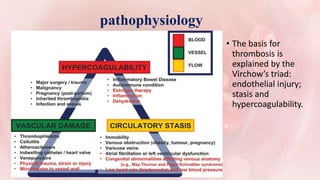 pathophysiology
• The basis for
thrombosis is
explained by the
Virchow’s triad:
endothelial injury;
stasis and
hypercoagulability.
 
