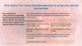 Risk factors for venous thromboembolism in pregnancy and the
puerperium
New onset/transient
These risk factors are potentially
reversible and may develop at later
stages in gestation than the initial
risk assessment or may resolve and
therefore what is important is an
ongoing individual risk assessment
Any surgical procedure in pregnancy or puerperium except immediate
repair of the perineum, e.g. appendicectomy, postpartum sterilization
Bone fracture
Hyperemesis, dehydration
Ovarian hyperstimulation syndrome
(first trimester only)
Assisted reproductive technology
(ART), in vitro fertilization (IVF)
Admission or immobility (≥ 3 days’
bed rest)
e.g. pelvic girdle pain restricting
mobility
Current systemic infection (requiring
intravenous antibiotics or admission
to hospital)
e.g. pneumonia, pyelonephritis,
postpartum wound infection
Long-distance travel (> 4 hours)
 