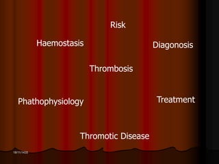 18/11/1435 
Risk 
Thrombosis 
Haemostasis 
Phathophysiology 
Thromotic Disease 
Diagonosis 
Treatment 
 