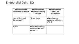 Prothrombotic
effects on platelets
Prothrombotic
effect on clotting
factors
Prothrombotic
effect on
fibrinolysis
Von Willebrand
factor (vWF)
Tissue factor plasminogen
activator inhibitors
(PAIs)
Gp1b Increased binding
of factor IXa and
factor Xa
Endothelial Cells (EC)
 