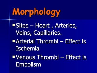 Morphology Sites – Heart , Arteries, Veins, Capillaries. Arterial Thrombi – Effect is Ischemia Venous Thrombi – Effect is Embolism
