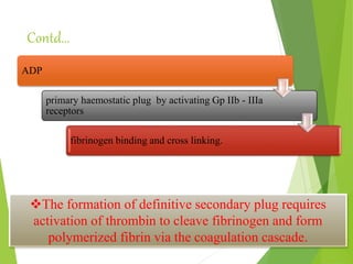 Contd…
ADP
primary haemostatic plug by activating Gp IIb - IIIa
receptors
fibrinogen binding and cross linking.
The formation of definitive secondary plug requires
activation of thrombin to cleave fibrinogen and form
polymerized fibrin via the coagulation cascade.
 