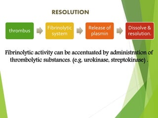thrombus
Fibrinolytic
system
Release of
plasmin
Dissolve &
resolution.
RESOLUTION
Fibrinolytic activity can be accentuated by administration of
thrombolytic substances. (e.g. urokinase, streptokinase) .
 