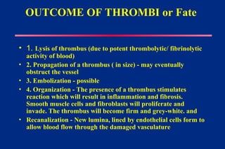 OUTCOME OF THROMBI or Fate
• 1. Lysis of thrombus (due to potent thrombolytic/ fibrinolytic
activity of blood)
• 2. Propagation of a thrombus ( in size) - may eventually
obstruct the vessel
• 3. Embolization - possible
• 4. Organization - The presence of a thrombus stimulates
reaction which will result in inflammation and fibrosis.
Smooth muscle cells and fibroblasts will proliferate and
invade. The thrombus will become firm and grey-white. and
• Recanalization - New lumina, lined by endothelial cells form to
allow blood flow through the damaged vasculature
 