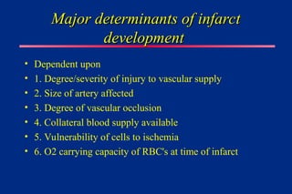 Major determinants of infarct
Major determinants of infarct
development
development
• Dependent upon
• 1. Degree/severity of injury to vascular supply
• 2. Size of artery affected
• 3. Degree of vascular occlusion
• 4. Collateral blood supply available
• 5. Vulnerability of cells to ischemia
• 6. O2 carrying capacity of RBC's at time of infarct
 
