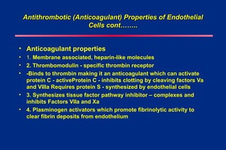 Antithrombotic (Anticoagulant) Properties of Endothelial
Antithrombotic (Anticoagulant) Properties of Endothelial
Cells cont……..
Cells cont……..
• Anticoagulant properties
• 1. Membrane associated, heparin-like molecules
• 2. Thrombomodulin - specific thrombin receptor
• -Binds to thrombin making it an anticoagulant which can activate
protein C - activeProtein C - inhibits clotting by cleaving factors Va
and VIIIa Requires protein S - synthesized by endothelial cells
• 3. Synthesizes tissue factor pathway inhibitor – complexes and
inhibits Factors VIIa and Xa
• 4. Plasminogen activators which promote fibrinolytic activity to
clear fibrin deposits from endothelium
 