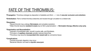 FATE OF THE THROMBUS:
•Propagation: Thrombus enlarges by deposition of platelets and fibrin → ↑ risk of vascular occlusion and embolism.
•Embolization: Part or whole thrombus detaches and travels through circulation to a distant site.
•Dissolution:
•Recent thrombi may undergo fibrinolysis and complete resolution.
•Older thrombi become resistant to lysis due to fibrin polymerization → fibrinolytic therapy effective only early.
•Organization and Recanalization:
•Ingrowth of endothelial cells, smooth muscle cells, and fibroblasts.
•Formation of capillary channels partially restores blood flow.
•Thrombus may become incorporated into vessel wall as connective tissue.
•Complications:
•Central enzymatic digestion may occur.
•Bacterial infection can lead to mycotic aneurysm.
 