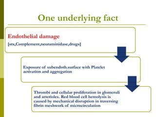 One underlying fact
Endothelial damage
[stx,Complement,neuraminidase,drugs]
Exposure of subendoth.surface with Platelet
activation and aggregation
Thrombi and cellular proliferation in glomeruli
and arterioles. Red blood cell hemolysis is
caused by mechanical disruption in traversing
fibrin meshwork of microcirculation
 
