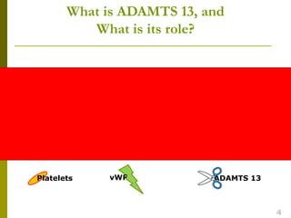 Platelets vWF ADAMTS 13
What is ADAMTS 13, and
What is its role?
4
 