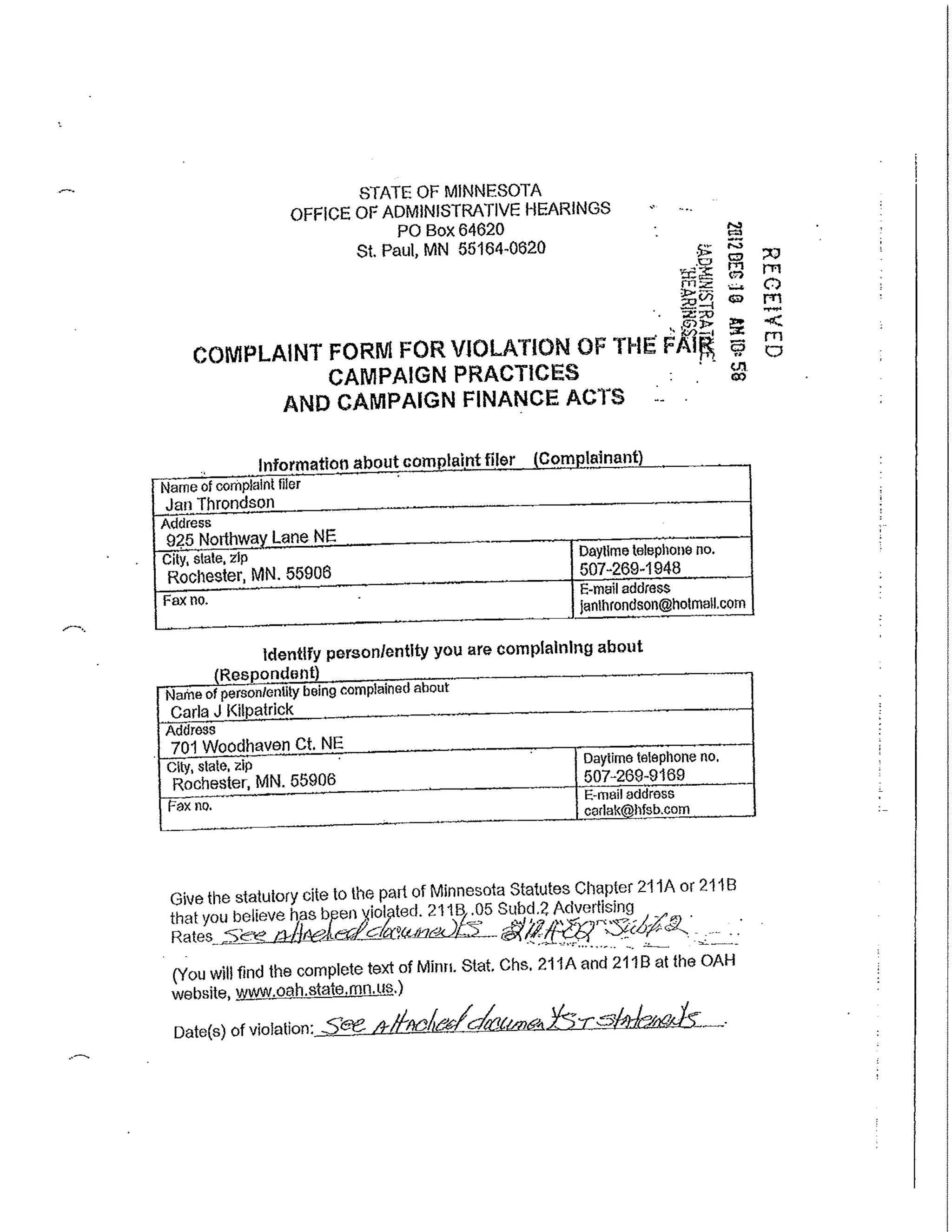 Throndson complaint against Hanson campaign