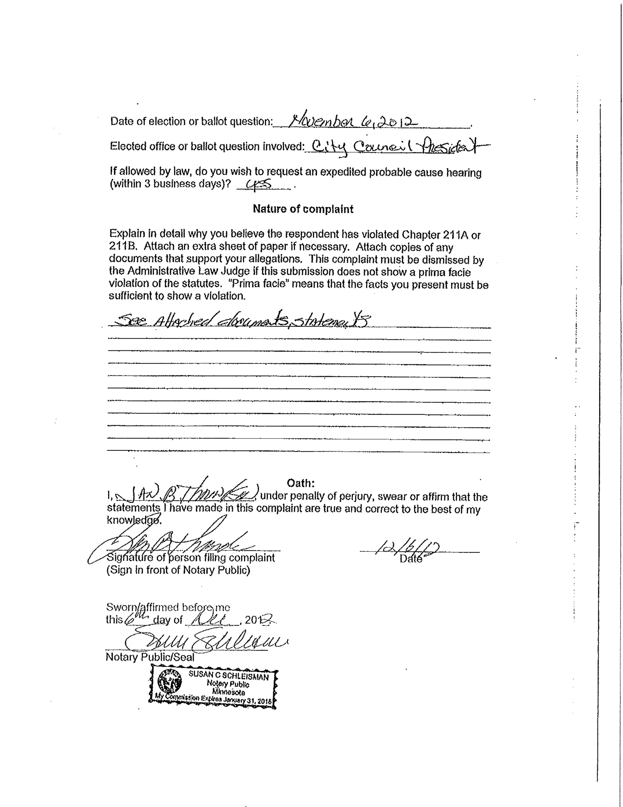 Throndson complaint against Hanson campaign