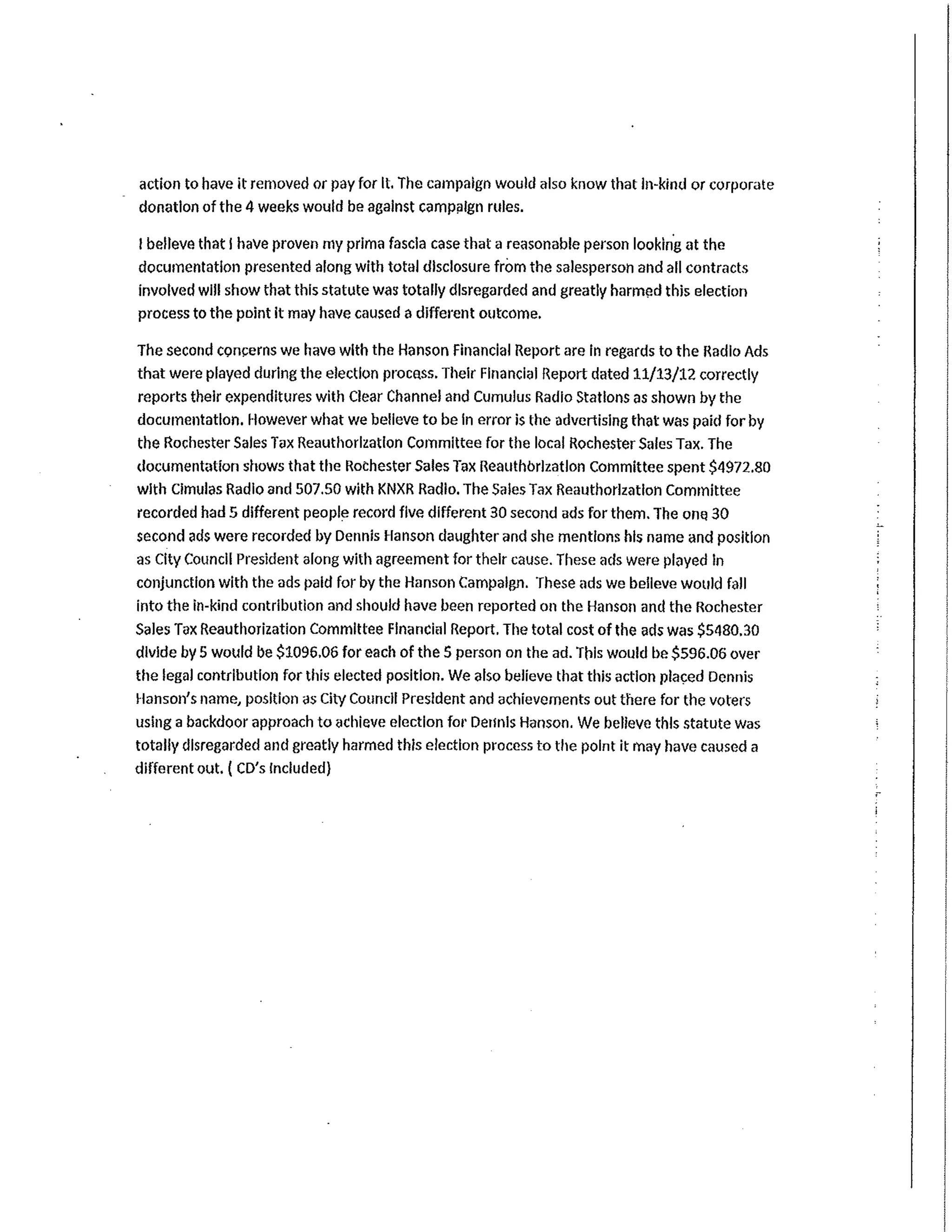 Throndson complaint against Hanson campaign