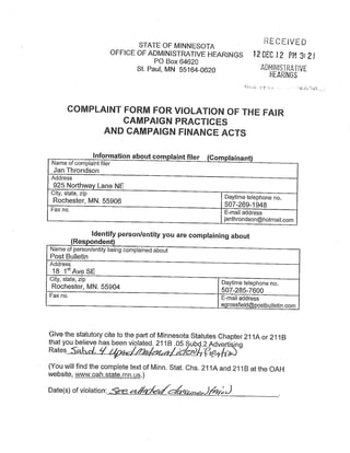 Throndson complaint against PB