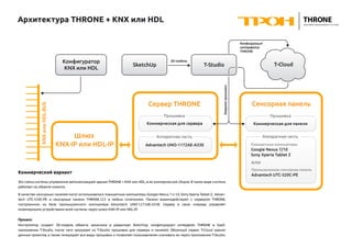 Архитектура THRONE + KNX или HDL
Конфигурация
интерфейса
THRONE

SketchUp

3D-модель

T-Cloud

T-Studio

Сервер THRONE
Прошивка

Загрузка прошивки

KNX или HDL-BUS

Конфигуратор
KNX или HDL

Сенсорная панель
Прошивка

Коммерческая для сервера

Шлюз
KNX-IP или HDL-IP

Коммерческая для панели

Аппаратная часть

Аппаратная часть

Advantech UNO-1172AE-A33E

Планшетные компьютеры

Google Nexus 7/10
Sony Xperia Tablet Z

или
Коммерческий вариант
Это схема системы управления автоматизацией здания THRONE + KNX или HDL, в ее коммерческой сборке. В таком виде система
работает на объекте клиента.
В качестве сенсорных панелей могут использоваться планшетные компьютеры Google Nexus 7 и 10, Sony Xperia Tablet Z, Advantech UTC-520C-PE и сенсорные панели THRONE.122 в любых сочетаниях. Панели взаимодействуют с сервером THRONE,
построенном на базе промышленного компьютера Advantech UNO-1172AE-A33E. Сервер в свою очередь управляет
инженерными устройствами всей системы через шлюз KNX-IP или HDL-IP.

Процесс
Инсталлятор создает 3D-модель объекта заказчика в редакторе SketchUp, конфигурирует интерфейс THRONE в SaaSприложении T-Studio, после чего загружает из T-Studio прошивки для сервера и панелей. Облачный сервис T-Cloud хранит
данные проектов, а также генерирует все виды прошивок и позволяет пользователям скачивать их через приложение T-Studio.

Промышленная сенсорная панель

Advantech UTC-520C-PE

 