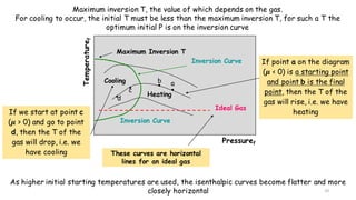 10
Pressuref
Temperaturef
Maximum Inversion T
Cooling
•d
•c
•
b
•
a
Heating
Inversion Curve
Inversion Curve
Ideal Gas
If point a on the diagram
(𝝁 < 0) is a starting point
and point b is the final
point, then the T of the
gas will rise, i.e. we have
heatingIf we start at point c
(𝝁 > 0) and go to point
d, then the T of the
gas will drop, i.e. we
have cooling These curves are horizontal
lines for an ideal gas
As higher initial starting temperatures are used, the isenthalpic curves become flatter and more
closely horizontal
Maximum inversion T, the value of which depends on the gas.
For cooling to occur, the initial T must be less than the maximum inversion T, for such a T the
optimum initial P is on the inversion curve
 