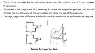 • The difference between the top and bottom temperatures is related to the difference between
the pressures
• To achieve a low temperature it is necessary to reduce the evaporator pressure, and this will
increase the specific volume of the working fluid and hence the size of the evaporator
• The large temperature difference will also decrease the coefficient of performance of the plant
Cascade Refrigeration Cycle
 