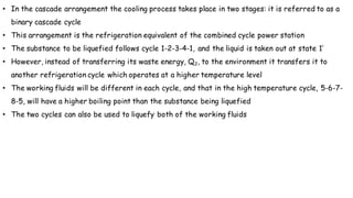 • In the cascade arrangement the cooling process takes place in two stages: it is referred to as a
binary cascade cycle
• This arrangement is the refrigeration equivalent of the combined cycle power station
• The substance to be liquefied follows cycle 1-2-3-4-1, and the liquid is taken out at state 1’
• However, instead of transferring its waste energy, Q2, to the environment it transfers it to
another refrigeration cycle which operates at a higher temperature level
• The working fluids will be different in each cycle, and that in the high temperature cycle, 5-6-7-
8-5, will have a higher boiling point than the substance being liquefied
• The two cycles can also be used to liquefy both of the working fluids
 