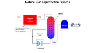 Natural Gas Liquefaction Process
Compression
Refrigerant
Loop
LNG
GASGAS
Storage
Treatment
and
Purification
-161ºC
•Removes	condensate,	CO2,	
Mercury,	and	H2S
•Causes	dehydration
 
