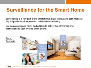 Copyright © 2015 ThroughTek Co., Ltd. All rights reserved. Confidential. Do not distribute.
Surveillance for the Smart Home
7
Our demo combines Kalay and AllJoyn to deliver live streaming and
notifications to your TV and smart phone.
Surveillance is a key part of the smart home. But it is data and cost intensive
requiring additional expertise to achieve live streaming.
Demo
Scenario:
 