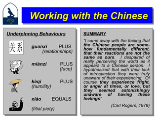 SUMMARY “ I came away with the feeling that  the Chinese people are some-how fundamentally different, that their reactions are not the same as ours .  I despaired of really perceiving the world as it appears to a Chinese person.  I hypothesized that with their lack of introspection they were truly unaware of their experiencing.  Of course  they experience fright, or anger at times, or love, but they seemed astonishingly unaware of having these feelings ”  (Carl Rogers, 1979) Working with the Chinese Underpinning Behaviours guanxi  PLUS  (relationships) miànzi  PLUS   (face) kèqi  PLUS   (humility) xi à o  EQUALS   (filial piety) 