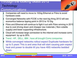 Through the looking Glass 2012
:Technology
Communications
       Companies will need to move to 10Gig Ethernet or Fibre to avoid
       hardware costs
       Converged Networks with FCOE is the next big thing 2012 will see
       economics balance tipping point in 2013 to 10 Gig
       Fibre and Ethernet will continue to fight it out with Fibre winning in 2015
       due to cost driving down and cheaper raw materials ( Non-volatile
       supply) and lower supporting infrastructure.
       Cloud will increase large connection to the internet and increase coms
       equipment by up to 20%
       Trend : HP, DELL, IBM , have all brought Coms companies
       While converged networks rollout expect Duplicate hardware for
       up to 5 years This is and area that will start causing pain expect
       heat and power to double till you have 40G networks bedded
       down.

2012              2013             2014             2015             2016 2017+
 