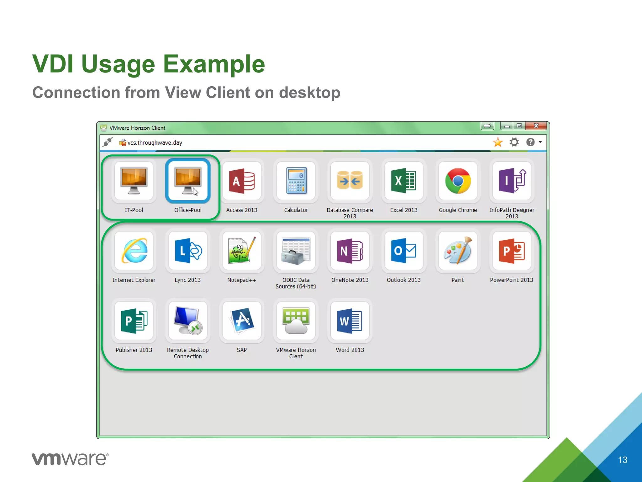 VDI Usage Example
Connection from View Client on desktop
13
 
