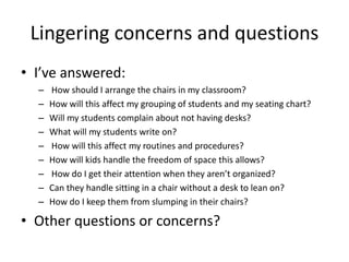 Movement Activities
• Learning Centers/Small Group Work
– Quickly form small circles
– Or stack chairs in a corner.
• TPR (Total Physical Response)
– Learn actions for vocabulary
– Stand in a line back to back with a partner.
– Listen for the word/phrase
– Turn and face partner with the action.
• Dances- easier to teach & do
– Student initiation & improvisation happens more
 
